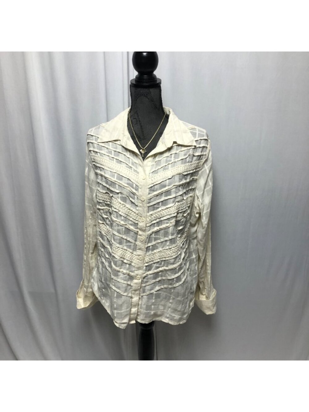 Faded Glory Blouse Womens Size 16W Cream Button Up Sheer Mitered Shirt NEW